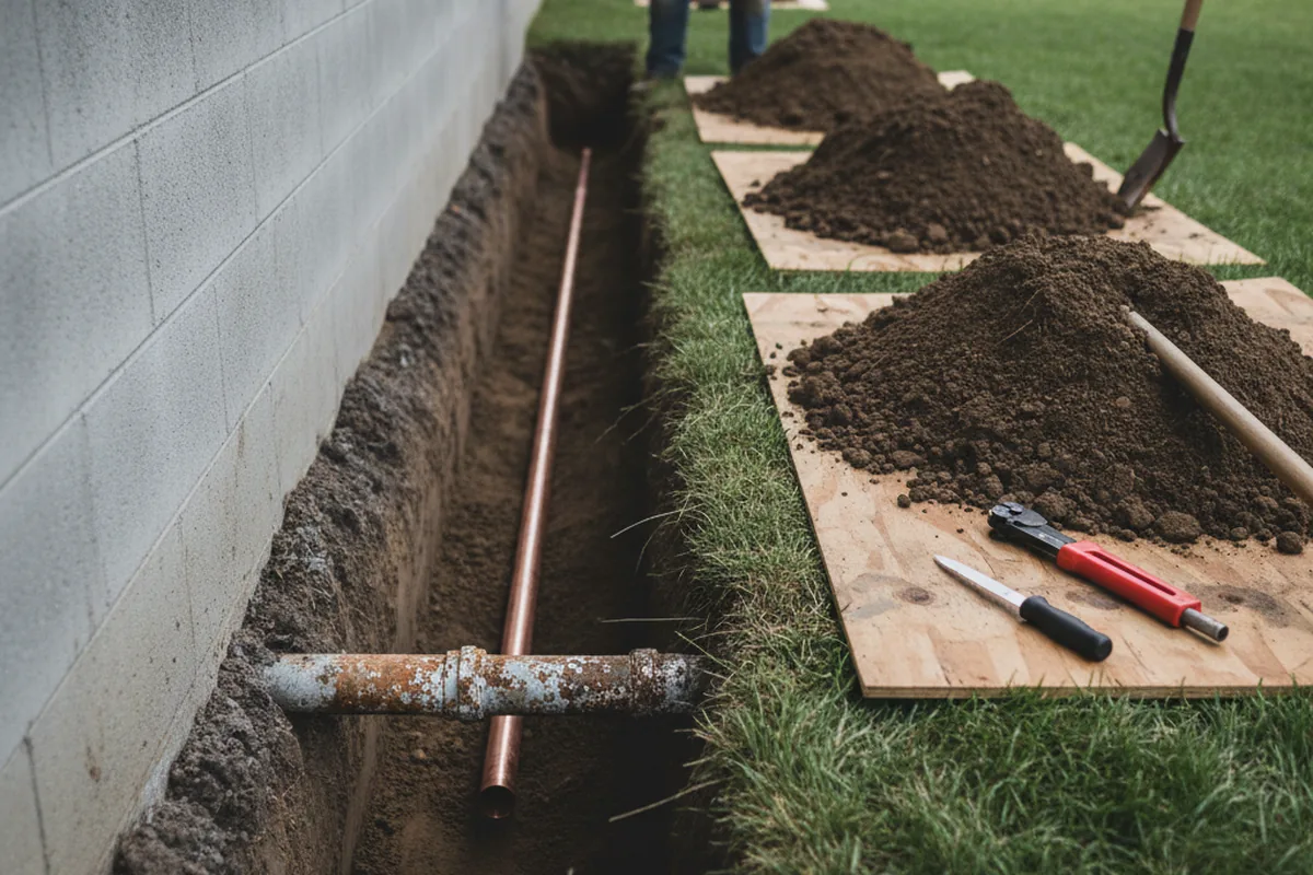 Excavated water line trench during Sewer Line Repair in Springfield
